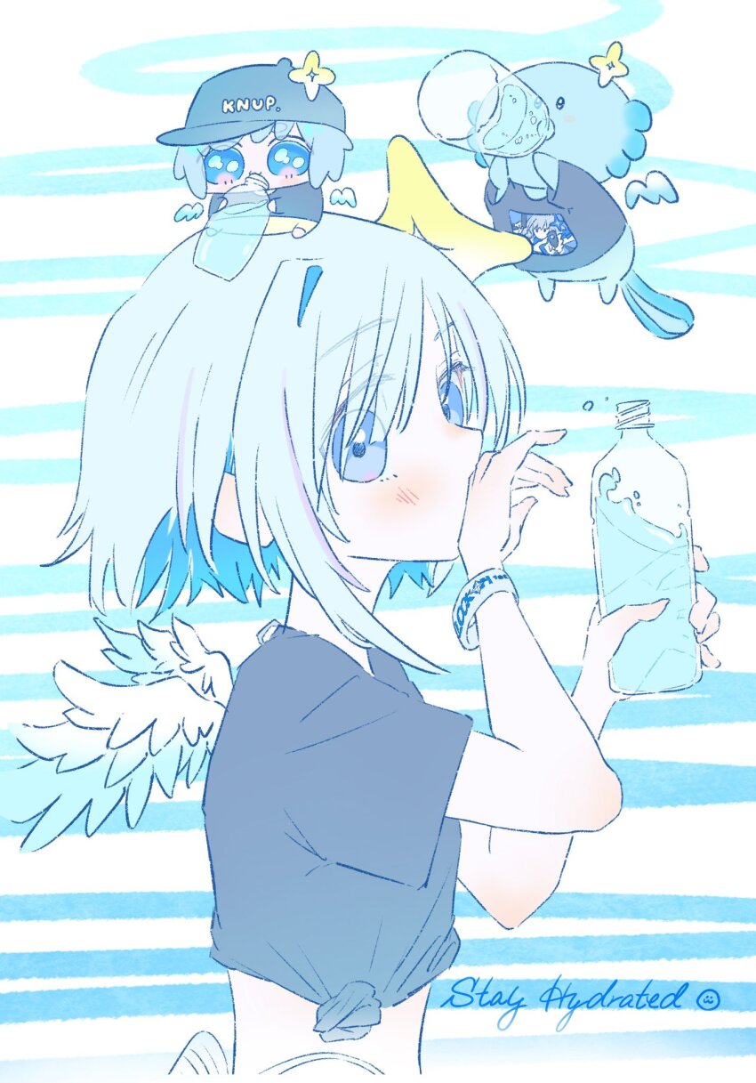 1girl, 2others, amane_kanata, angel, angel_wings, blue_hair, bottle, bracelet