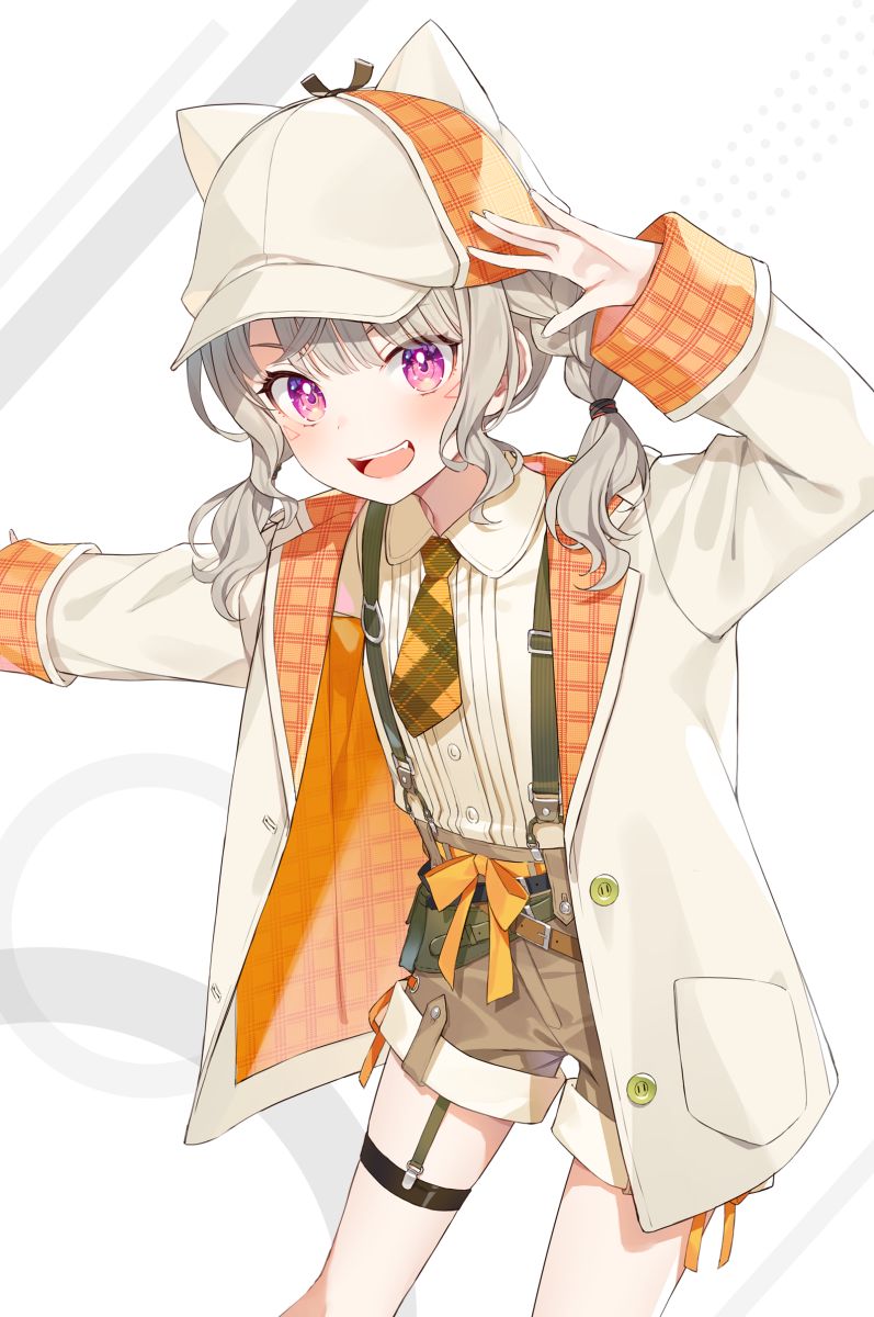 1girl, animal_hat, arm_up, belt, belt_bow, blush, bow, braid