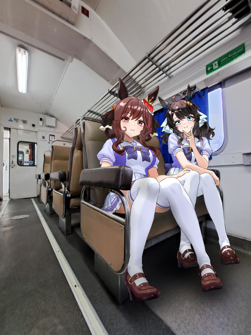 absurdres, animal_ears, black_hair, blue_eyes, blush, bow, bowtie, braid, braided_hair_rings, breasts, brown_eyes, brown_hair, closed_mouth, daring_tact_(umamusume), ear_bow, ear_covers, ear_ornament, gentildonna_(umamusume), green_eyes, hair_between_eyes, hair_ornament, hair_rings, hakazero, heart-shaped_ornament, heart_ear_ornament, highres, horse_ears, horse_girl, horse_tail, horseshoe_ornament, kereta_api_indonesia, large_breasts, long_hair, looking_at_viewer, medium_breasts, medium_hair, multiple_girls, photo_background, puffy_short_sleeves, puffy_sleeves, purple_bow, purple_bowtie, purple_sailor_collar, purple_serafuku, purple_shirt, purple_skirt, red_eyes, sailor_collar, sailor_shirt, school_uniform, serafuku, shirt, short_sleeves, sitting, skirt, smile, star_(symbol), star_hair_ornament, summer_uniform, tail, tracen_school_uniform, train, train_interior, umamusume, white_skirt