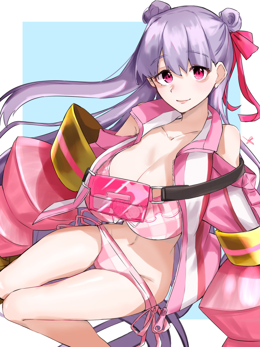 1girl, bare_shoulders, bikini, blush, breasts, claw_(weapon), cleavage, clothing_cutout, double_bun, fate/grand_order, fate_(series), hair_bun, hair_ribbon, highres, jacket, large_breasts, long_hair, long_sleeves, looking_at_viewer, navel, passionlip_(swimsuit_saber)_(first_ascension)_(fate), passionlip_(fate), pink_bikini, pink_eyes, pink_jacket, pink_ribbon, purple_hair, ribbon, shoulder_cutout, smile, solo, swimsuit, tricky-tricky, weapon