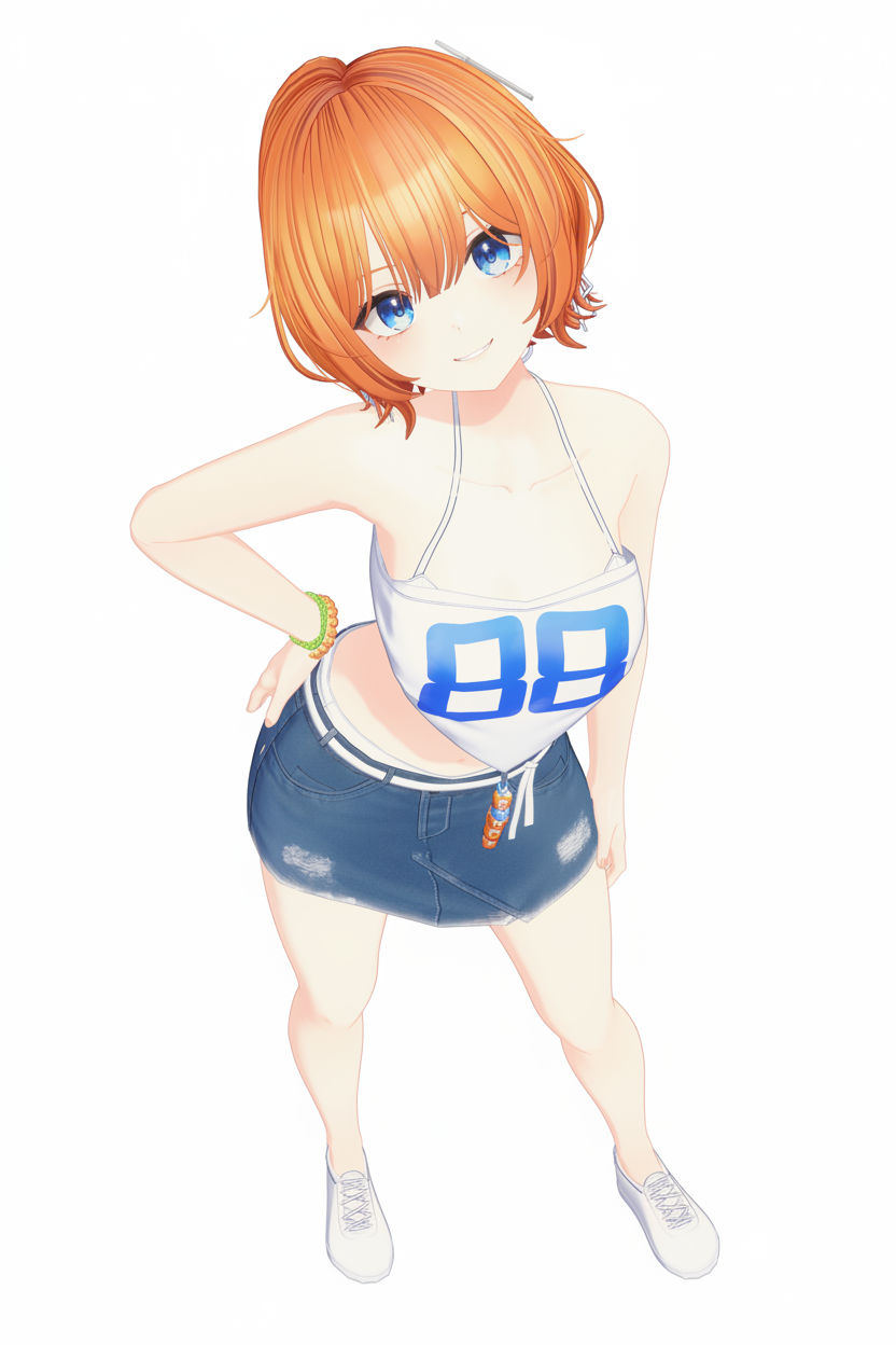 1girl, bead_bracelet, beads, blue_eyes, blush, bracelet, collarbone, crop_top