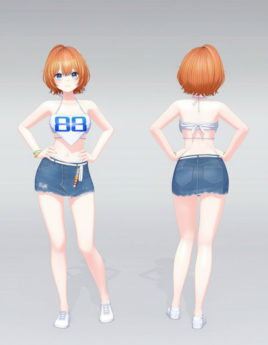 1girl, back, bead_bracelet, beads, blue_eyes, blush, bracelet, breasts, collarbone, crop_top, denim, denim_skirt, grey_background, hair_between_eyes, hair_intakes, hands_on_own_hips, jewelry, ker2348, large_breasts, looking_at_viewer, midriff, miniskirt, multiple_views, narrow_waist, navel, number_print, official_alternate_costume, official_alternate_hairstyle, official_style, orange_hair, secretto_(waktaverse), secretto_(waktaverse)_(cider_bang!), shiny_skin, shoes, short_hair, simple_background, skirt, smile, sneakers, solo, tank_top, turnaround, virtual_youtuber, waktaverse, white_shoes, wide_hips