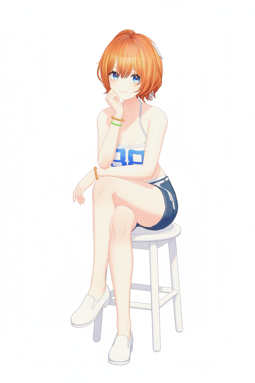 1girl, arm_on_thigh, bead_bracelet, beads, blue_eyes, blush, bracelet, breasts