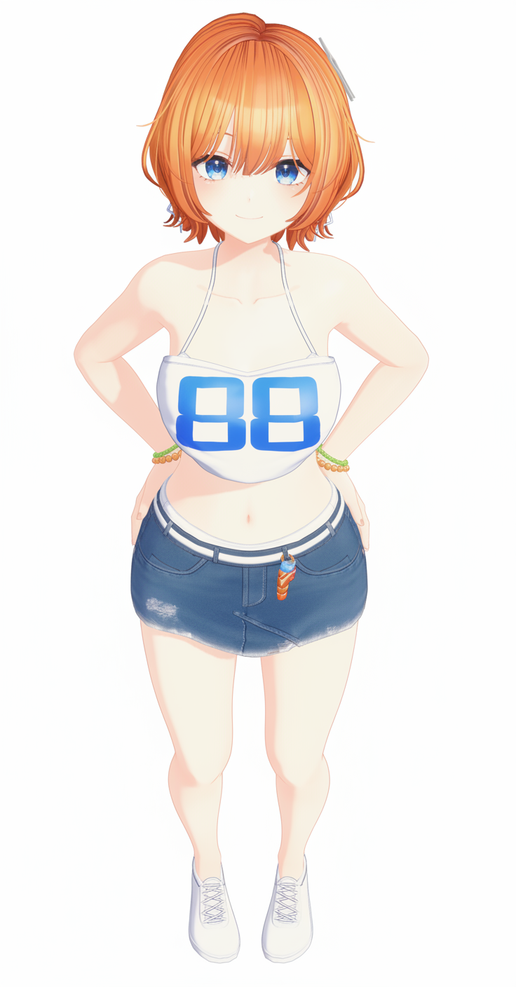 1girl, bead_bracelet, beads, blue_eyes, blush, bracelet, breasts, collarbone, crop_top, denim, denim_skirt, hair_between_eyes, hair_intakes, hands_on_own_hips, highres, jewelry, ker2348, large_breasts, looking_at_viewer, looking_up, midriff, miniskirt, narrow_waist, navel, number_print, official_alternate_costume, official_alternate_hairstyle, official_style, orange_hair, secretto_(waktaverse), secretto_(waktaverse)_(cider_bang!), seductive_smile, shiny_skin, shoes, short_hair, simple_background, skirt, smile, sneakers, solo, standing, tank_top, virtual_youtuber, waktaverse, white_background, wide_hips