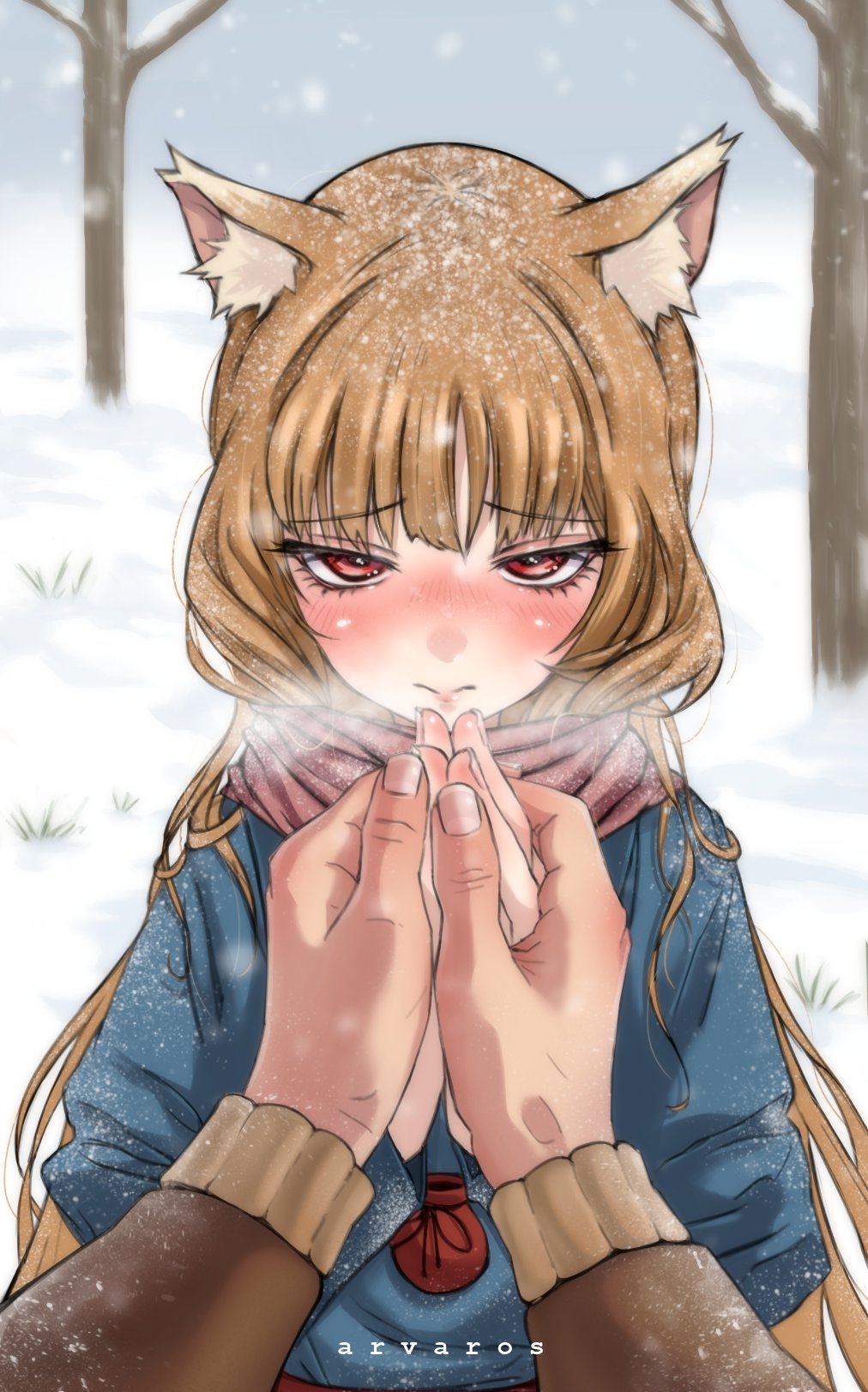 1boy, 1girl, animal_ear_fluff, animal_ears, artist_name, arvarosart, blue_jacket, blush, breath, brown_hair, brown_jacket, closed_mouth, commentary, craft_lawrence, day, embarrassed, english_commentary, eyelashes, hands_up, hetero, highres, holding_hands, holo, jacket, long_hair, long_sleeves, looking_at_viewer, outdoors, own_hands_together, pouch, pov, red_eyes, red_sash, red_scarf, sash, scarf, snow, spice_and_wolf, very_long_hair, wolf_ears, wolf_girl