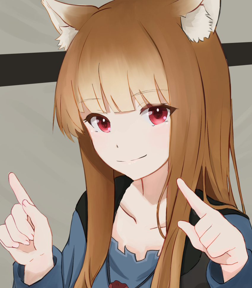 1girl, animal_ear_fluff, animal_ears, black_vest, blue_shirt, blunt_bangs, brown_hair, closed_mouth, collarbone, grey_background, hands_up, highres, holo, long_hair, looking_at_viewer, makitekka, pointing, pointing_up, pouch, red_eyes, shirt, sidelocks, smile, solo, spice_and_wolf, upper_body, vest, wolf_ears, wolf_girl