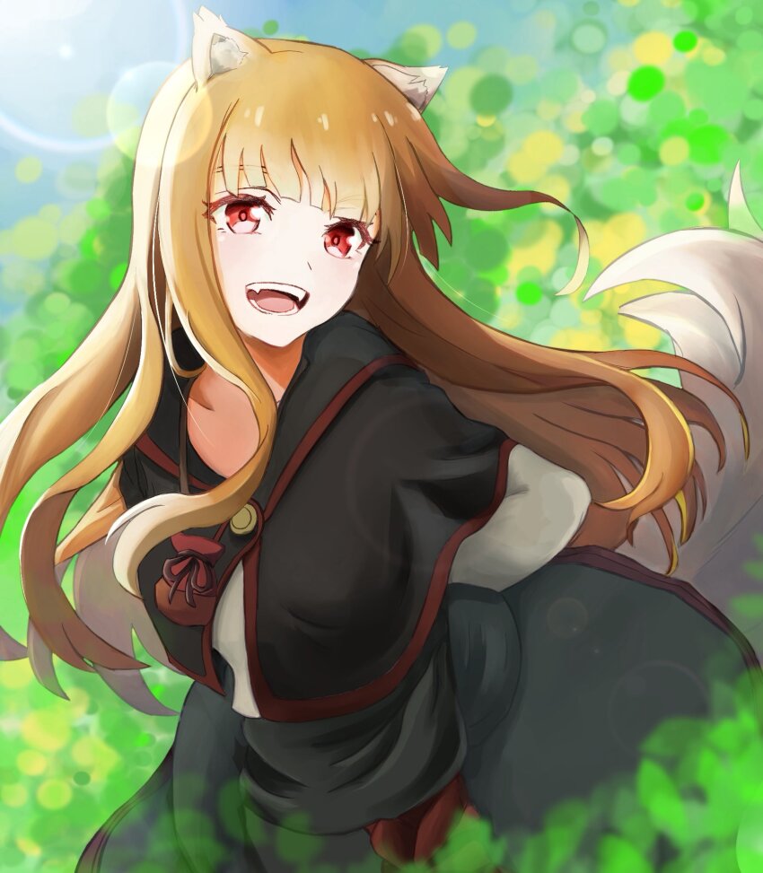 1girl, :d, animal_ear_fluff, animal_ears, black_capelet, black_dress, blunt_bangs, blurry