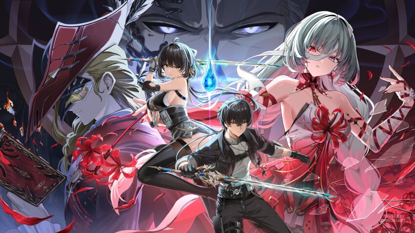 2girls, 3boys, bandaged_arm, bandages, bare_shoulders, black_boots, black_dress, black_gloves