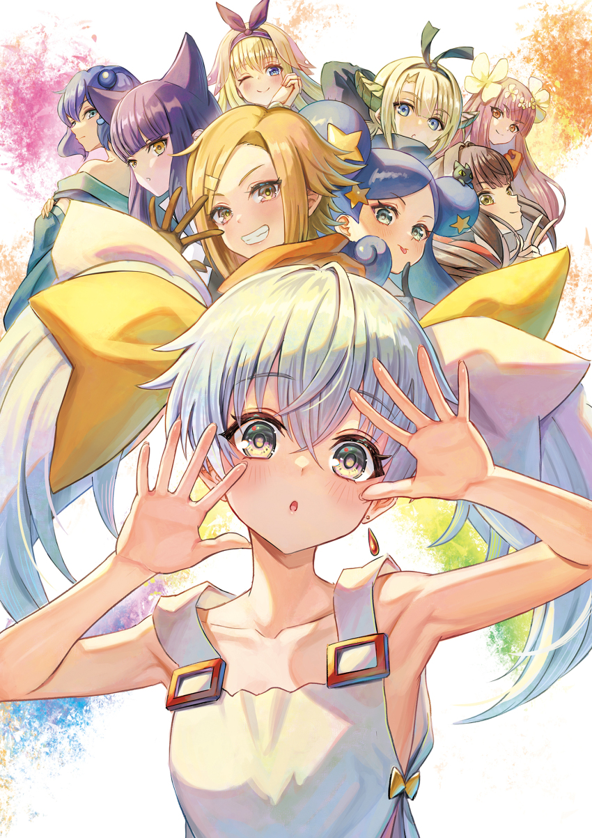 6+girls, animal_ears, back_bow, blonde_hair, blue_hair, bow, brown_hair, cat_ears