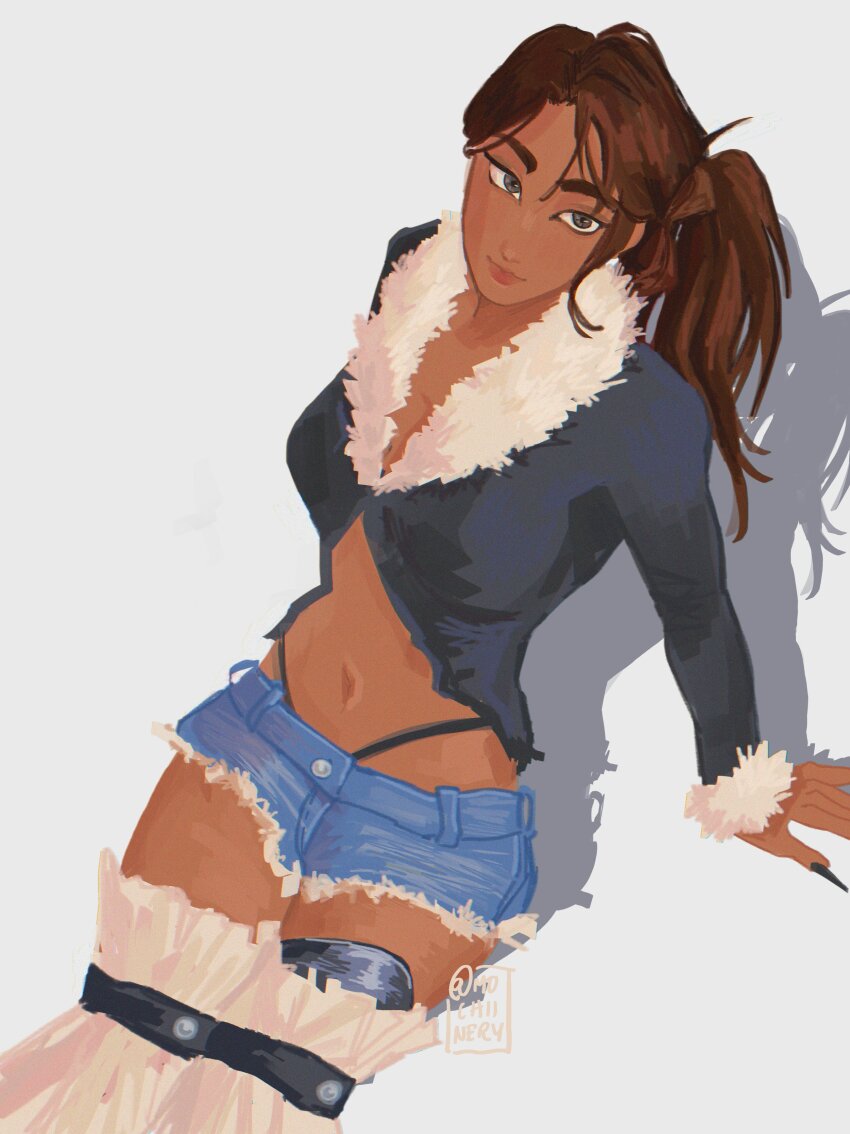 1girl, absurdres, alien_stage, black_jacket, black_nails, black_panties, brown_hair, closed_mouth, commentary, crop_top, dark-skinned_female, dark_skin, fingernails, frayed_shorts, from_above, fur_collar, grey_eyes, highres, hyuna_(alien_stage), jacket, long_fingernails, long_hair, long_sleeves, mochiinery, panties, panty_straps, ponytail, sharp_fingernails, short_shorts, shorts, sitting, solo, underwear