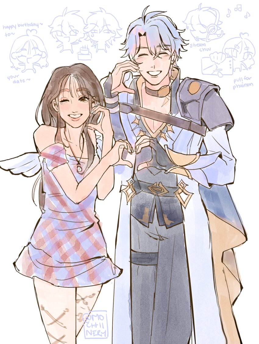 1girl, 2boys, absurdres, ahoge, black_choker, black_gloves, black_shirt, blue_dress