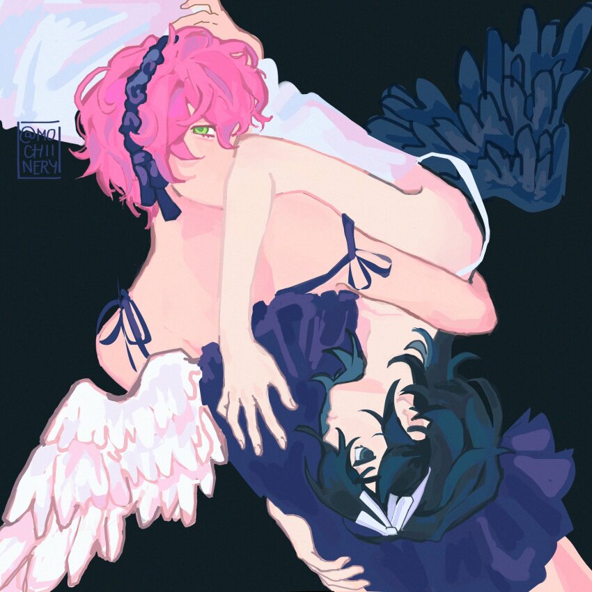 2girls, absurdres, album_cover_redraw, alien_stage, black_dress, black_hairband, black_wings, commentary