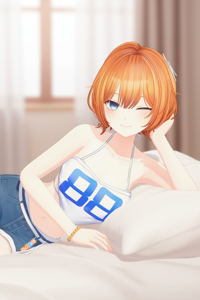1girl, bead_bracelet, beads, bed_sheet, bedroom, blue_eyes, blush, bracelet
