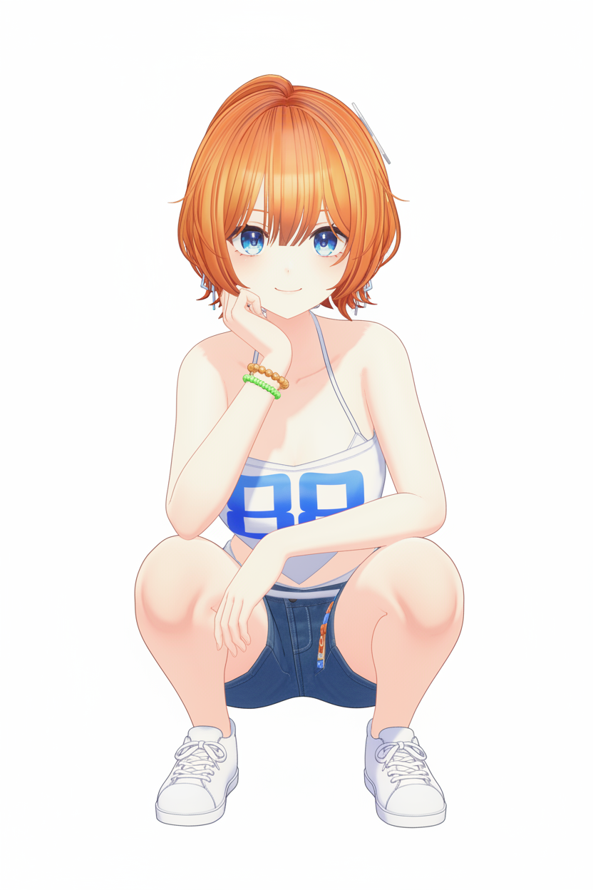 1girl, arm_on_knee, bead_bracelet, beads, blue_eyes, blush, bracelet, breasts