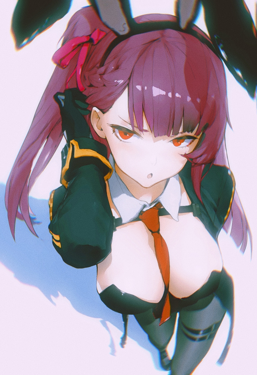 1girl, :o, absurdres, animal_ears, black_gloves, black_jacket, black_pantyhose, black_shoes, breasts, chest_harness, detached_collar, fake_animal_ears, girls'_frontline, gloves, hair_ribbon, harness, highres, jacket, large_breasts, necktie, open_clothes, open_jacket, pantyhose, playboy_bunny, purple_hair, rabbit_ears, rasputin_(syr_syr_ss), red_eyes, red_necktie, red_ribbon, ribbon, shoes, simple_background, solo, wa2000_(girls'_frontline), white_background