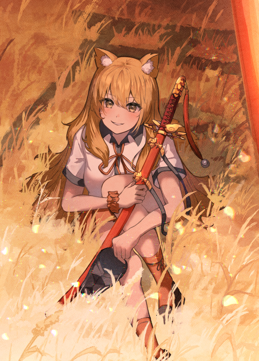 1girl, animal_ear_fluff, animal_ears, breasts, brown_eyes, brown_hair, fate/extra, fate/extra_ccc, fate/extra_ccc_fox_tail, fate/grand_order, fate_(series), fox_ears, fox_girl, full_body, grass, grin, highres, holding, holding_sword, holding_weapon, kenmyouren_(fate), long_hair, looking_at_viewer, outdoors, papukin, school_uniform, sheath, sheathed, sitting, smile, solo, stairs, suzuka_gozen_(fate), sword, weapon