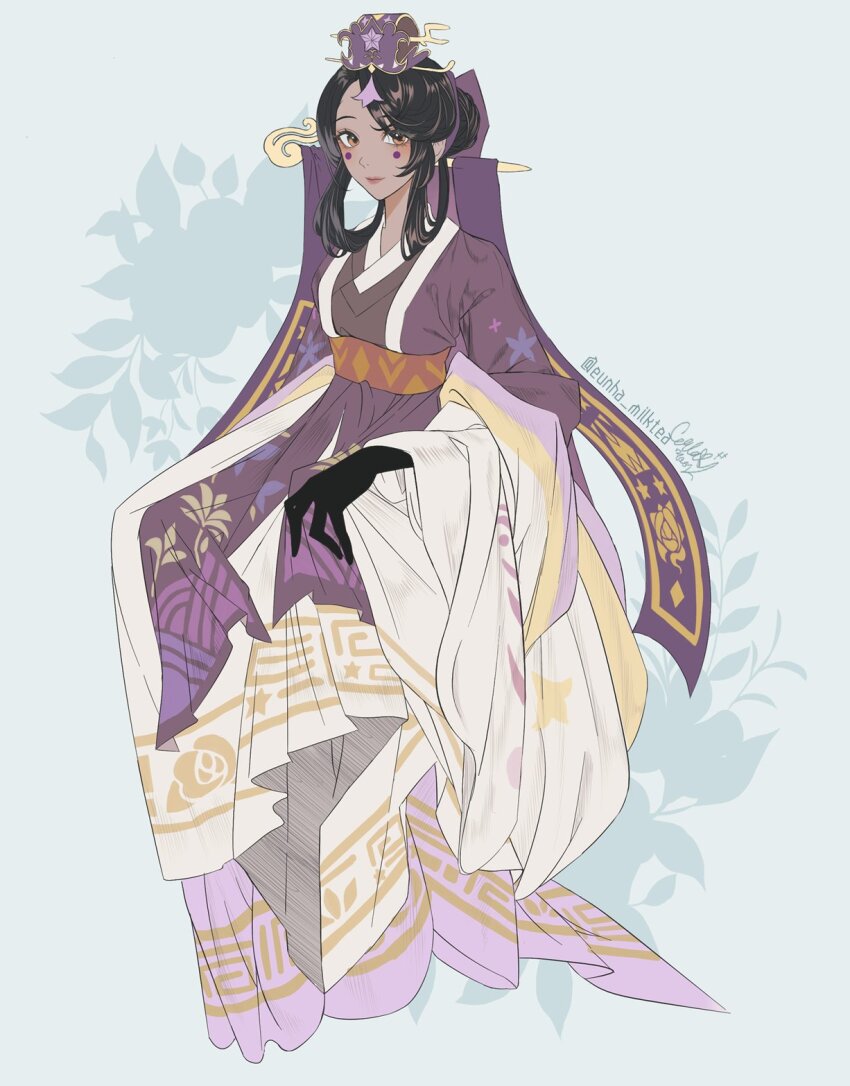 1girl, black_gloves, black_hair, breasts, brown_eyes, caramel_arrow_cookie, caramel_arrow_cookie_(oathkeeper's_hwarot), circle_facial_mark, closed_mouth, cookie_run, cookie_run:_kingdom, dark-skinned_female, dark_skin, eunha_milktea, eyelashes, eyes_visible_through_hair, facial_mark, floral_background, full_body, gloves, grey_background, hair_bun, highres, invisible_chair, japanese_clothes, kimono, long_sleeves, looking_at_viewer, medium_hair, official_alternate_costume, official_alternate_hair_length, official_alternate_hairstyle, purple_kimono, red_lips, ring_sidelocks, simple_background, single_hair_bun, sitting, small_breasts, smile, solo, twitter_username, wide_sleeves