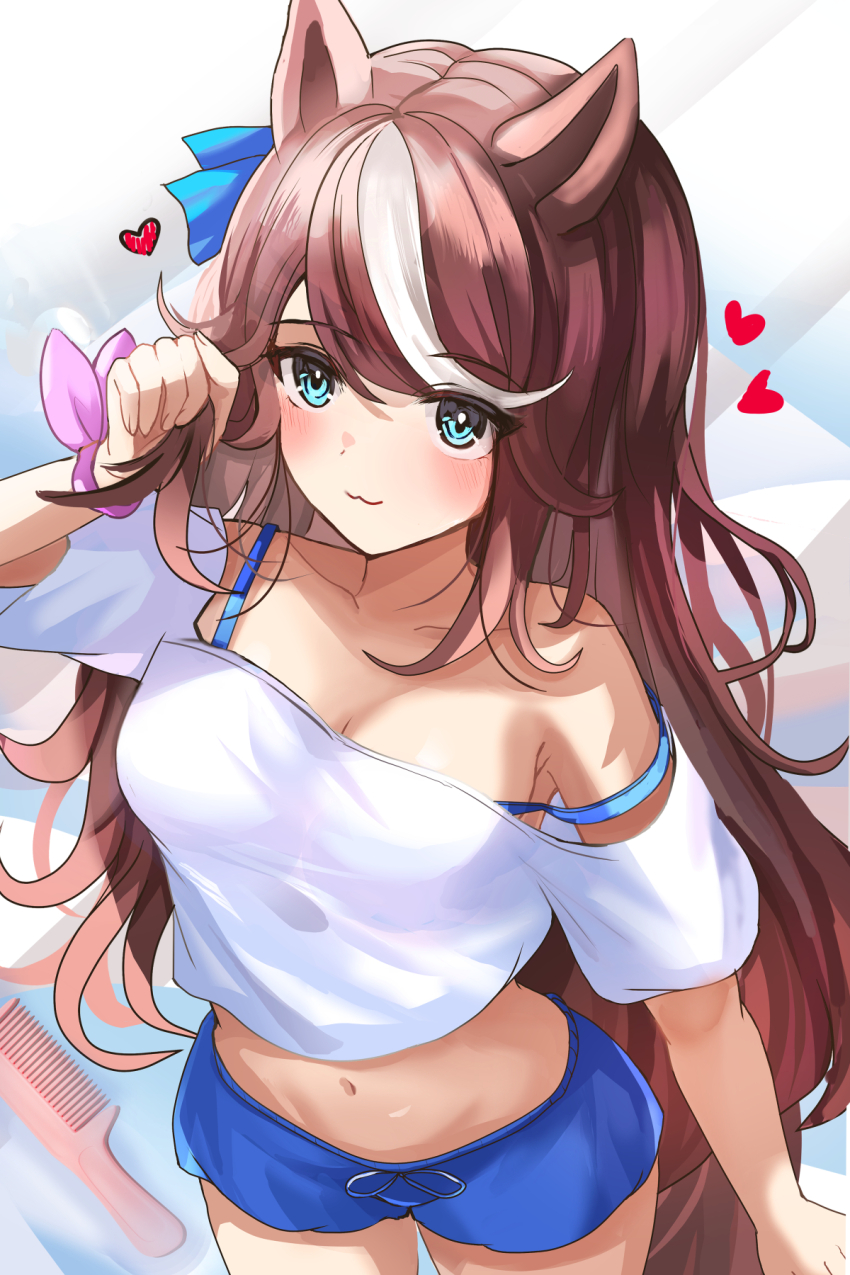 1girl, animal_ears, bare_shoulders, blue_bra, blue_eyes, blue_shorts, blush, bow