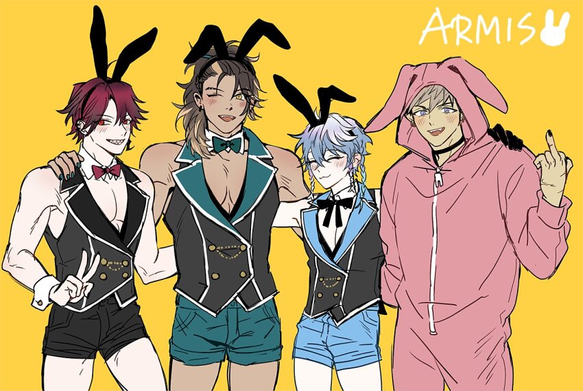 4boys, :3, animal_ear_hairband, animal_ear_hood, animal_ears, animal_hood, arm_around_another's_waist, black_bow, black_bowtie, black_nails, black_shorts, black_vest, blue_hair, blue_shorts, blush, bow, bowtie, braid, brown_hair, bunny_garden, buttons, closed_eyes, collared_vest, cosplay, cowboy_shot, crimzon_ruze, d0gpeace, dark-skinned_male, dark_skin, detached_collar, double-breasted, fake_animal_ears, fangs, goldbullet, green_bow, green_bowtie, green_nails, green_shorts, group_name, hairband, hand_on_another's_shoulder, holoarmis, holostars, holostars_english, hood, jurard_t_rexford, lapels, male_focus, male_playboy_bunny, middle_finger, multiple_boys, multiple_braids, nail_polish, nontraditional_playboy_bunny, notched_lapels, octavio, one_eye_closed, onesie, pectoral_cleavage, pectorals, ponytail, rabbit_ear_hairband, rabbit_ears, rabbit_hood, red_bow, red_bowtie, red_hair, sharp_teeth, shorts, simple_background, teeth, tri_braids, v, vest, virtual_youtuber, white_wrist_cuffs, wrist_cuffs, yellow_background