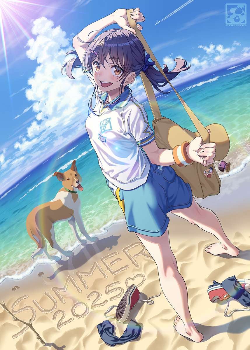 1girl, 2025, aoi_sora_(pairan), artist_logo, bag, bag_charm, barefoot, beach, blue_sky, brown_hair, charm_(object), cloud, contrail, dog, english_text, full_body, gym_shorts, gym_uniform, hair_ornament, hairclip, highres, horizon, logo, looking_at_viewer, looking_back, ocean, okinawa, open_mouth, original, outdoors, pairan, rainbow, shirt, shoes, short_hair, shorts, shoulder_bag, sky, smile, sneakers, socks, solo, standing, summer, sunlight, unworn_shoes, unworn_socks, wristband, yellow_eyes