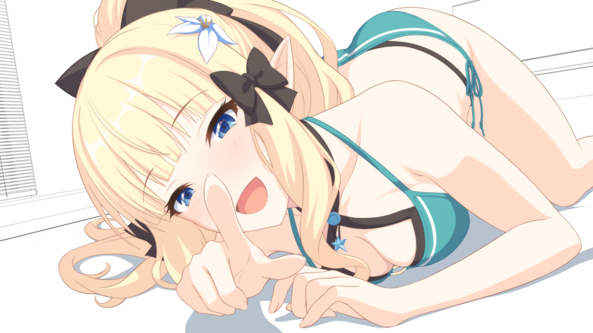 1girl, aqua_bikini, bikini, black_bow, blonde_hair, blue_eyes, blunt_bangs, bow