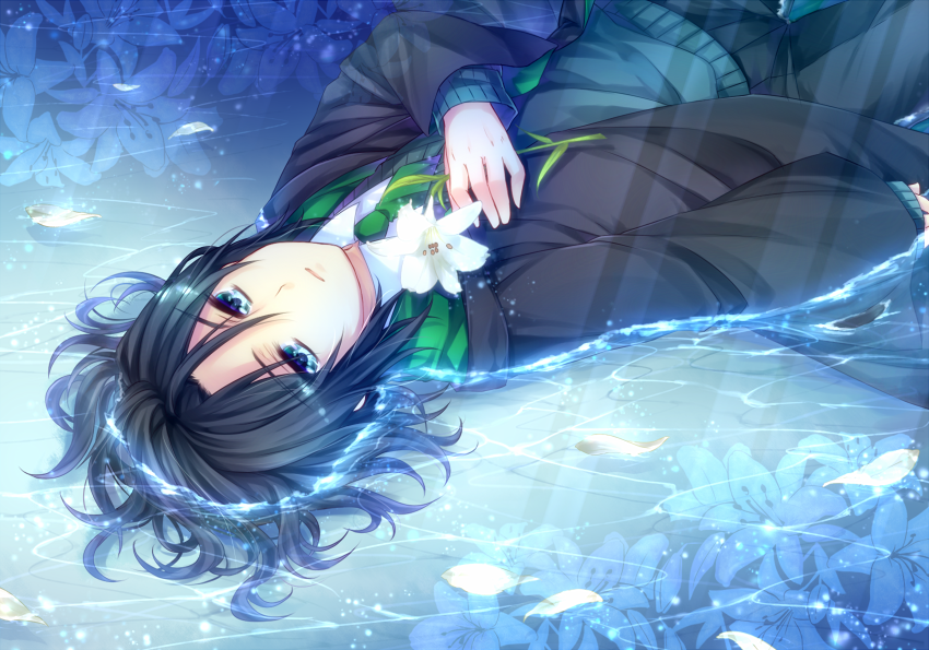 1boy, afloat, aged_down, animification, bad_id, bad_pixiv_id, black_hair, blue_eyes, flower, harry_potter_(series), hogwarts_school_uniform, holding, lily_(flower), lying, male_focus, necktie, on_back, petals, robe, school_uniform, severus_snape, short_hair, solo, submerged, sweater_vest, water, wet, wet_clothes, wizarding_world, yunaminato, yuuna_minato