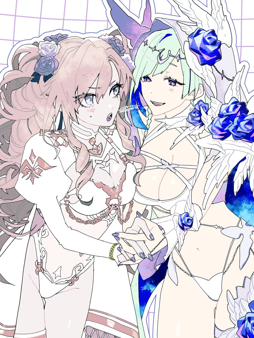 2girls, a_nzi_end, absurdres, aqua_hair, bikini, blue_flower, blue_hair, blue_rose, breasts, brynhild_(fate), brynhild_(swimsuit_berserker)_(third_ascension)_(fate), chain, chain_bracelet, cleavage, colored_inner_hair, cowboy_shot, dated, drill_hair, fate/grand_order, fate_(series), flower, grey_hair, hair_between_eyes, hair_flower, hair_ornament, halterneck, head_chain, highres, holding_hands, jewelry, juliet_sleeves, kriemhild_(fate), kriemhild_(swimsuit_rider)_(fate), kriemhild_(swimsuit_rider)_(third_ascension)_(fate), light_blush, long_hair, long_sleeves, looking_at_another, mole, mole_under_eye, multicolored_hair, multiple_girls, nail_polish, open_mouth, outline, piercing, puffy_sleeves, purple_eyes, purple_nails, rose, shrug_(clothing), signature, smile, sweat, swimsuit, teeth, tongue_piercing, upper_teeth_only, veil, white_bikini, white_flower, white_outline, white_rose, white_shrug, white_veil, white_wrist_cuffs, wrist_cuffs