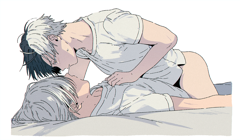 2boys, black_hair, blush, bottomless, boy_on_top, lemonmelon00, looking_at_another, male_focus