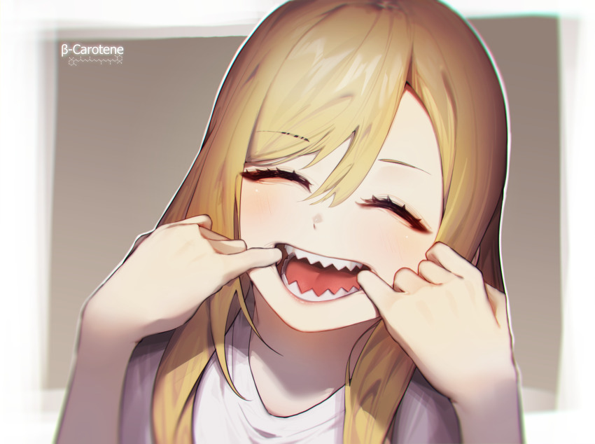 1girl, artist_name, blonde_hair, close-up, closed_eyes, fake_teeth, finger_in_own_mouth, forced_smile