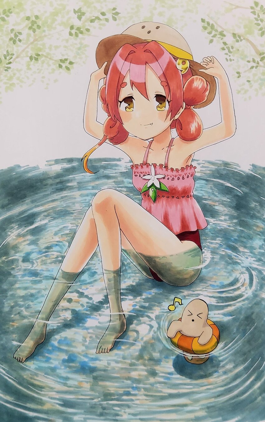 1girl, haniwa_(statue), highres, one-piece_swimsuit, red_hair, red_one-piece_swimsuit, swimsuit, takatsuki-tan, yellow_eyes