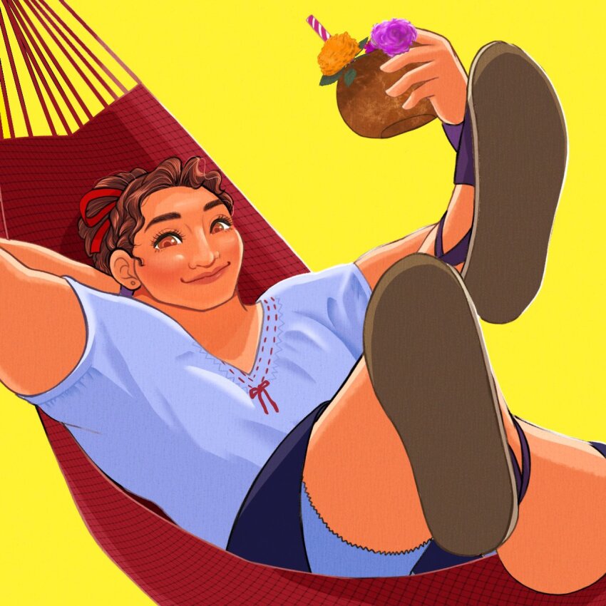 1girl, arepa, brown_eyes, brown_hair, colombian_clothes, curly_hair, dark-skinned_female, dark_skin