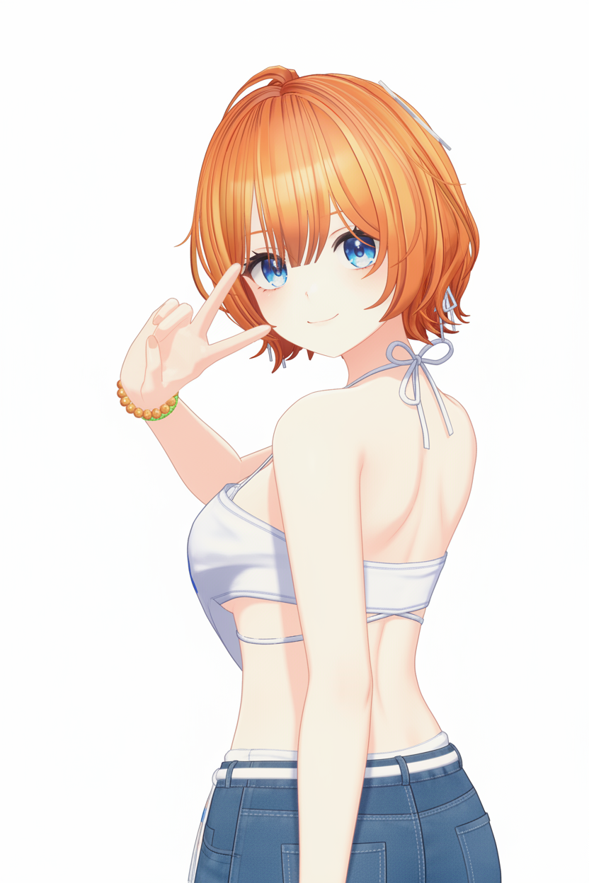 1girl, back, backboob, bead_bracelet, beads, blue_eyes, blush, bracelet