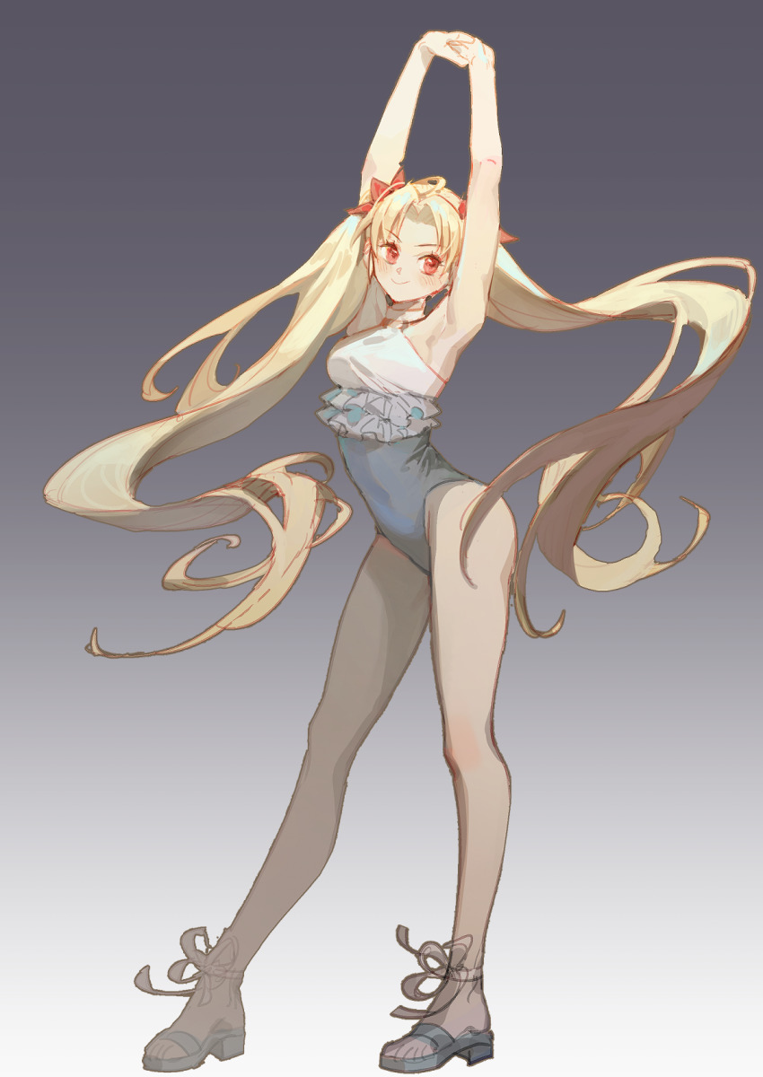 1girl, armpits, blonde_hair, blush, bow, chinese_commentary, closed_mouth, commentary_request, curtained_hair, ereshkigal_(fate), facing_viewer, frilled_one-piece_swimsuit, frills, full_body, gradient_background, hair_bow, highres, long_hair, lossehelin, one-piece_swimsuit, outstretched_arms, own_hands_together, red_bow, red_eyes, sandals, sideways_glance, simple_background, smile, solo, ereshkigal_(swimsuit_beast)_(fate), stretching, swimsuit, twintails, two-tone_one-piece_swimsuit, very_long_hair