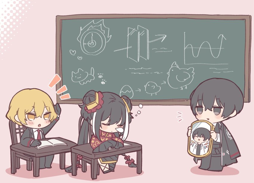 1girl, 2boys, black_eyes, black_gloves, black_hair, black_suit, blonde_hair, blush