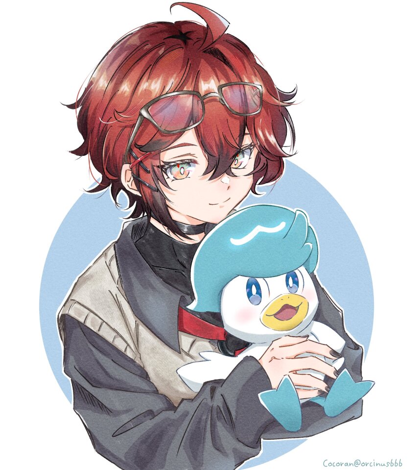 1boy, ahoge, bishounen, black_choker, black_shirt, blue_eyes, choker, collared_shirt, eyewear_on_head, hair_ornament, hairpin, highres, holding, holostars, holostars_english, machina_x_flayon, male_focus, nintendo, official_alternate_costume, orcinus666, pokemon, quaxly, red_hair, shirt, short_hair, simple_background, smile, solo, sweater_vest, upper_body, virtual_youtuber, white_background