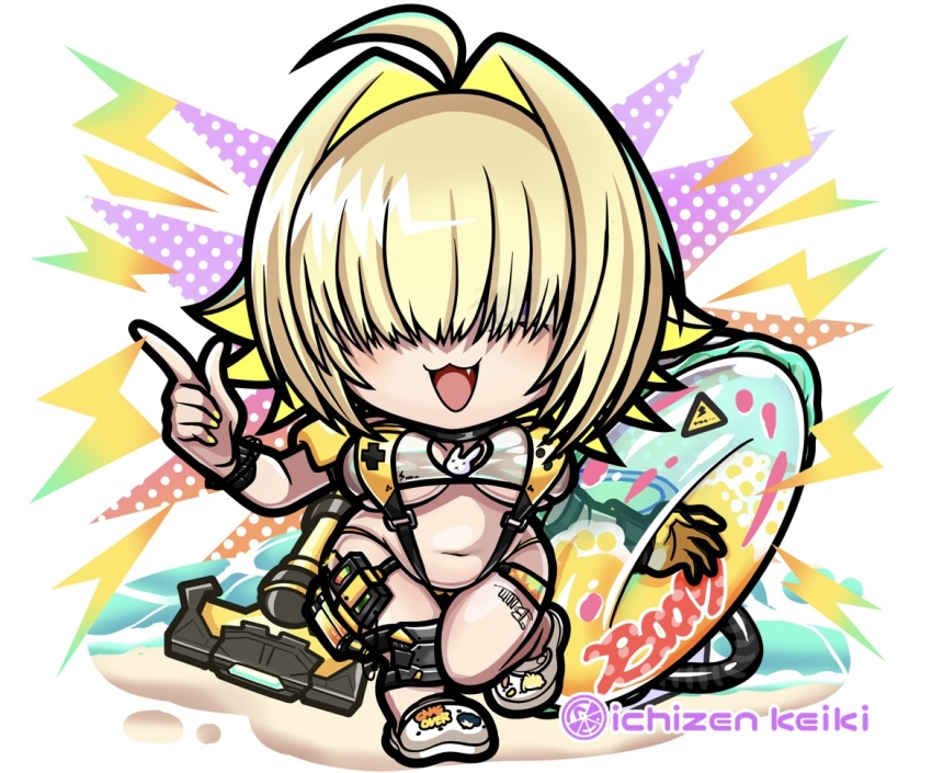 1girl, :3, ahoge, artist_name, beach, bikini, blonde_hair, blush, breasts, chibi, deformed, elegg_(boom_and_shock)_(nikke), elegg_(nikke), fang, full_body, gloves, goddess_of_victory:_nikke, hair_intakes, hair_over_eyes, ichizen_keiki, index_finger_raised, innertube, itou_ayasa, jewelry, large_breasts, long_bangs, multicolored_hair, navel, open_mouth, pointing, pointing_up, sand, shoes, short_hair, smile, sneakers, solo, standing, standing_on_one_leg, suspenders, swim_ring, swimsuit, thigh_strap, two-tone_hair, underboob, yellow_nails