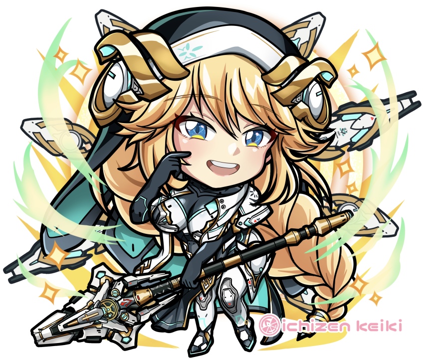 1girl, absurdres, artist_name, black_gloves, blonde_hair, blue_eyes, bodysuit, braid