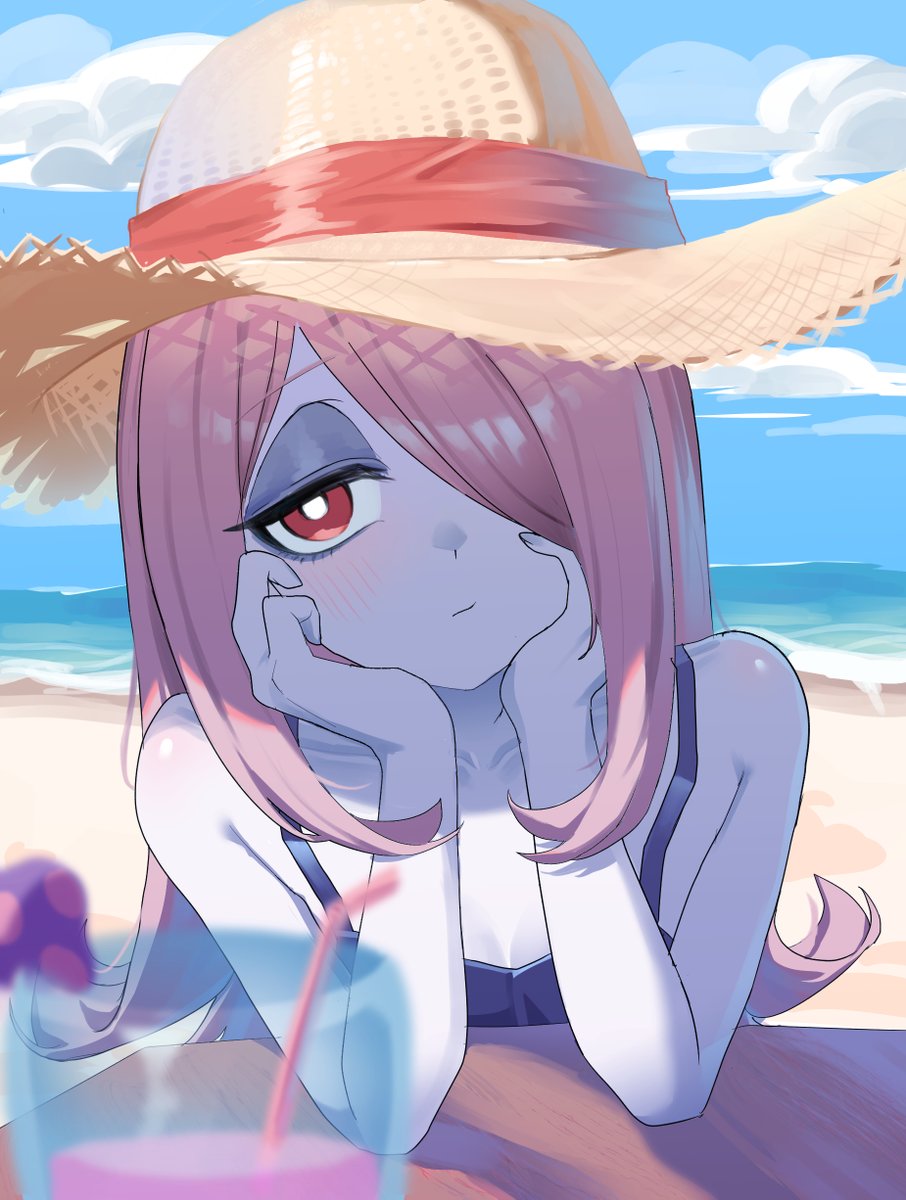 1girl, beach, blush, breasts, cleavage, cloud, cloudy_sky, cup, dress, drinking_glass, drinking_straw, drugged_mush, eyeshadow, hands_on_own_cheeks, hands_on_own_face, hat, highres, little_witch_academia, long_hair, makeup, mushroom, pink_hair, purple_dress, red_eyes, shadow, sky, straw_hat, sucy_manbavaran, sun_hat