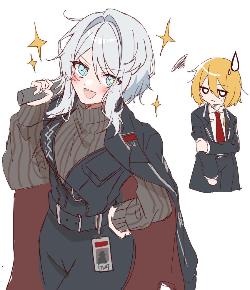 2girls, black_jacket, black_pants, black_vest, blonde_hair, blue_eyes, breasts, brown_sweater