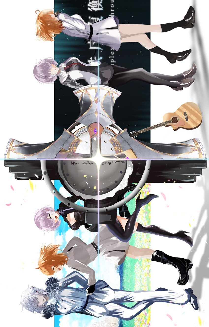 1boy, 2girls, ahoge, ankle_socks, antinese, black_boots, black_shirt, black_thighhighs