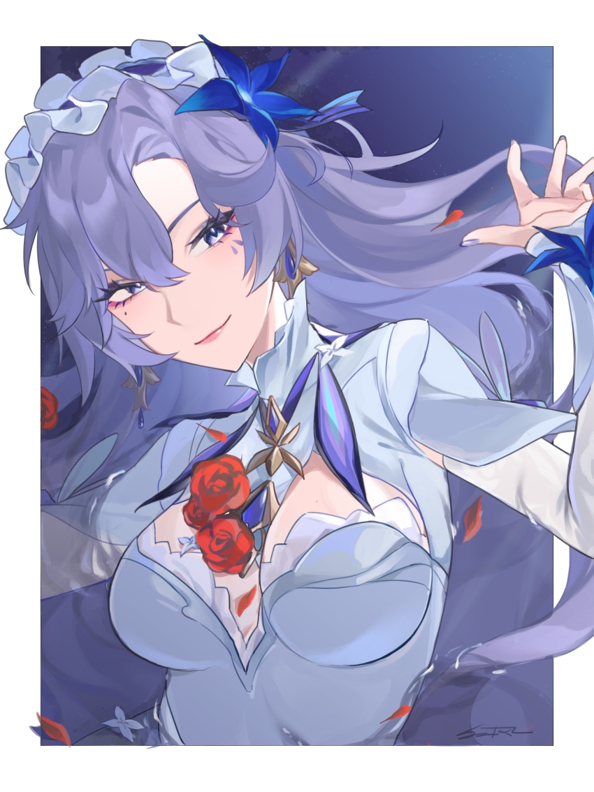 1girl, absurdres, blue_flower, border, breasts, cantarella_(wuthering_waves), closed_mouth, commentary_request