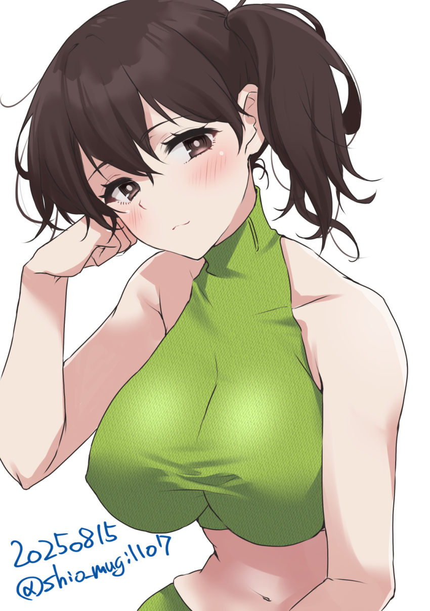 1girl, black_hair, breasts, brown_eyes, dated, green_shirt, highres, kaga_(kancolle)