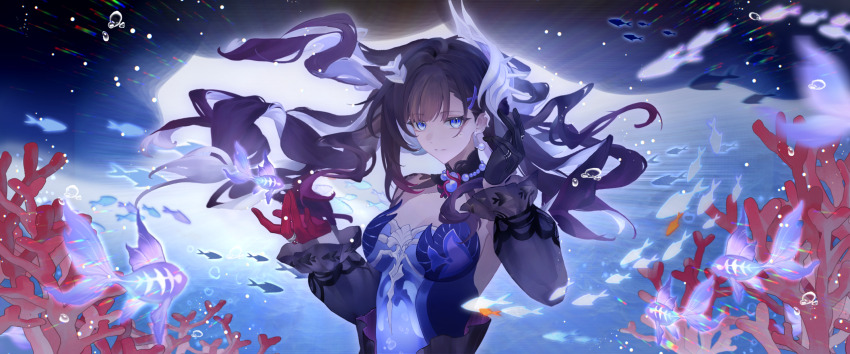 1girl, bare_shoulders, black_hair, blue_eyes, breasts, bubble, cleavage, closed_mouth, commentary_request, coral, dress, fish, floating_hair, gloves, highres, honkai:_star_rail, honkai_(series), hysilens_(honkai:_star_rail), lin_yu_jin, long_hair, looking_at_viewer, medium_breasts, red_gloves, solo, standing, tohsaka_rin, underwater