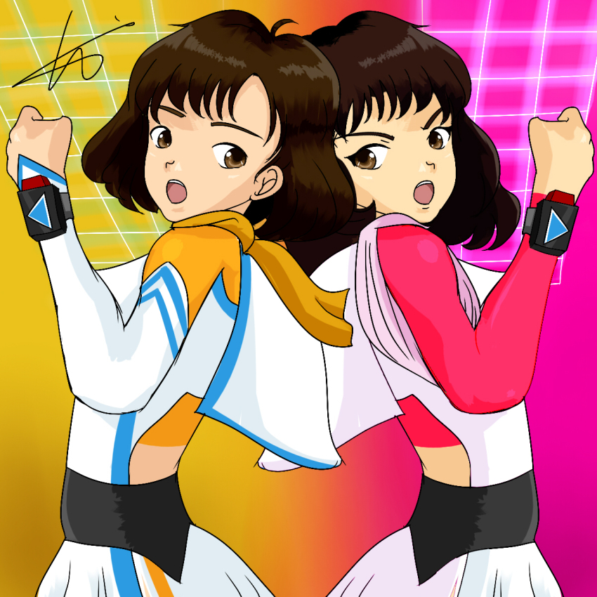 choushinsei_flashman, highres, luu_(flashman), pink_flash, sara_(flashman), super_sentai, superheroine_costume, yellow_flash