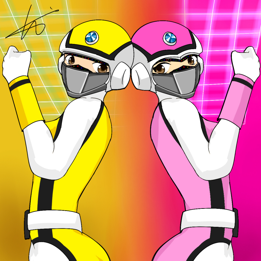 choushinsei_flashman, eyes_visible_through_headwear, full_suit, highres, luu_(flashman), pink_flash, sara_(flashman), super_sentai