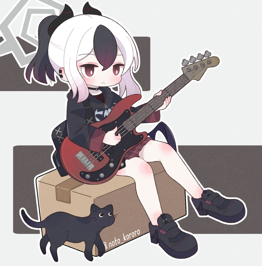 1girl, bass_guitar, black_cat, black_shoes, black_streaks, blue_archive, box, cardboard_box