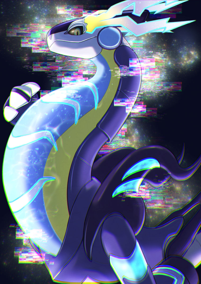 absurdres, black_background, black_sclera, claws, closed_mouth, colored_sclera, glitch, glowing, highres, karasuki, looking_at_viewer, miraidon, nintendo, no_humans, pokemon, pokemon_(creature), solo, yellow_eyes