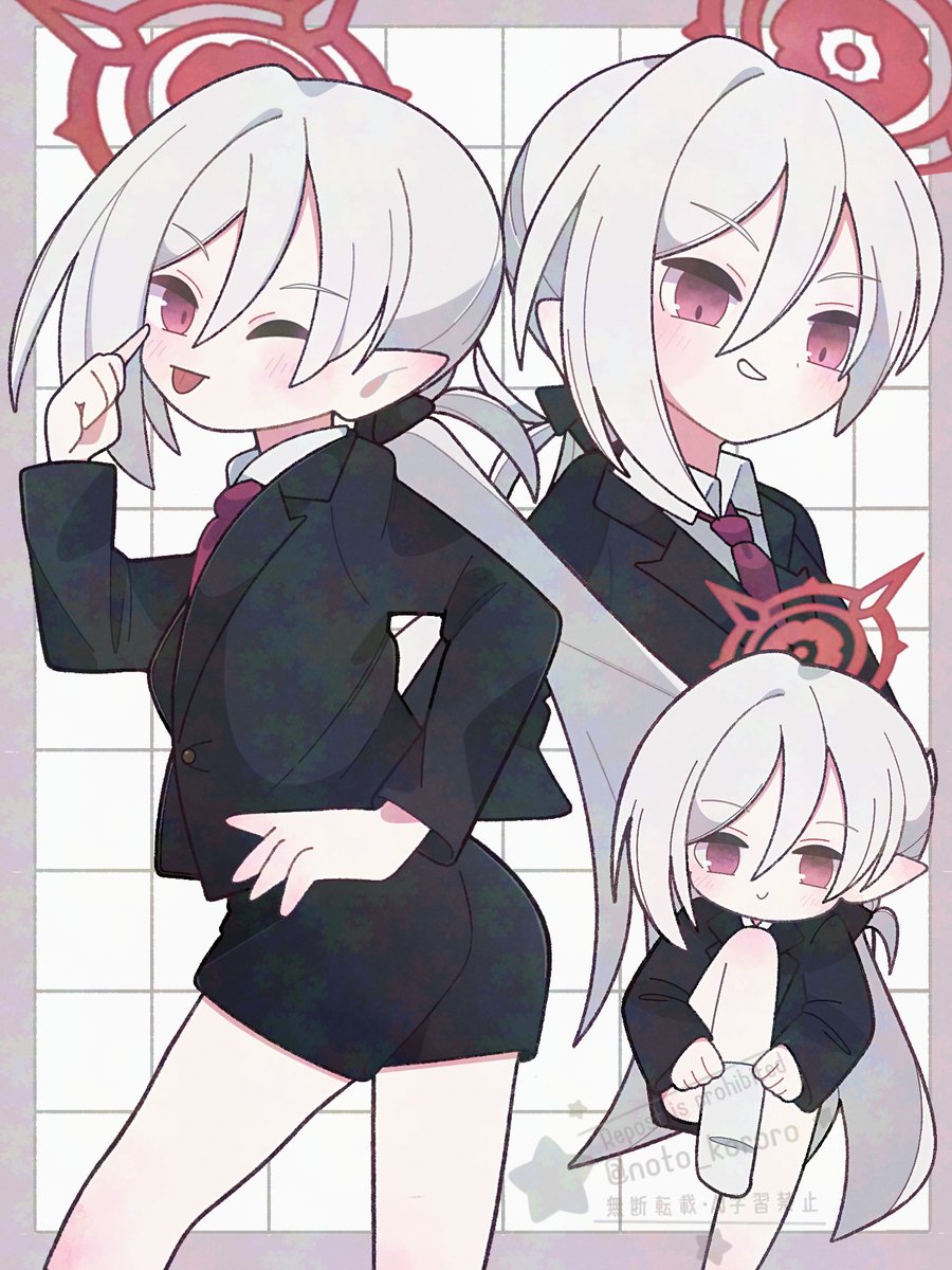 1girl, :p, black_bow, black_jacket, black_ribbon, black_shorts, black_suit, blazer, blue_archive, blush, border, bow, closed_mouth, collared_shirt, dot_nose, eyelid_pull, grin, hair_between_eyes, hair_bow, halo, hand_on_own_hip, hand_up, highres, jacket, kneeling, loli, long_hair, long_sleeves, looking_at_viewer, multiple_views, mutsuki_(blue_archive), necktie, noto_(user_dajk3722), one_eye_closed, pointy_ears, ponytail, purple_border, putting_on_footwear, red_eyes, red_halo, red_necktie, ribbon, shirt, shorts, single_sock, smile, socks, suit, thighs, tongue, tongue_out, very_long_hair, white_hair, white_socks