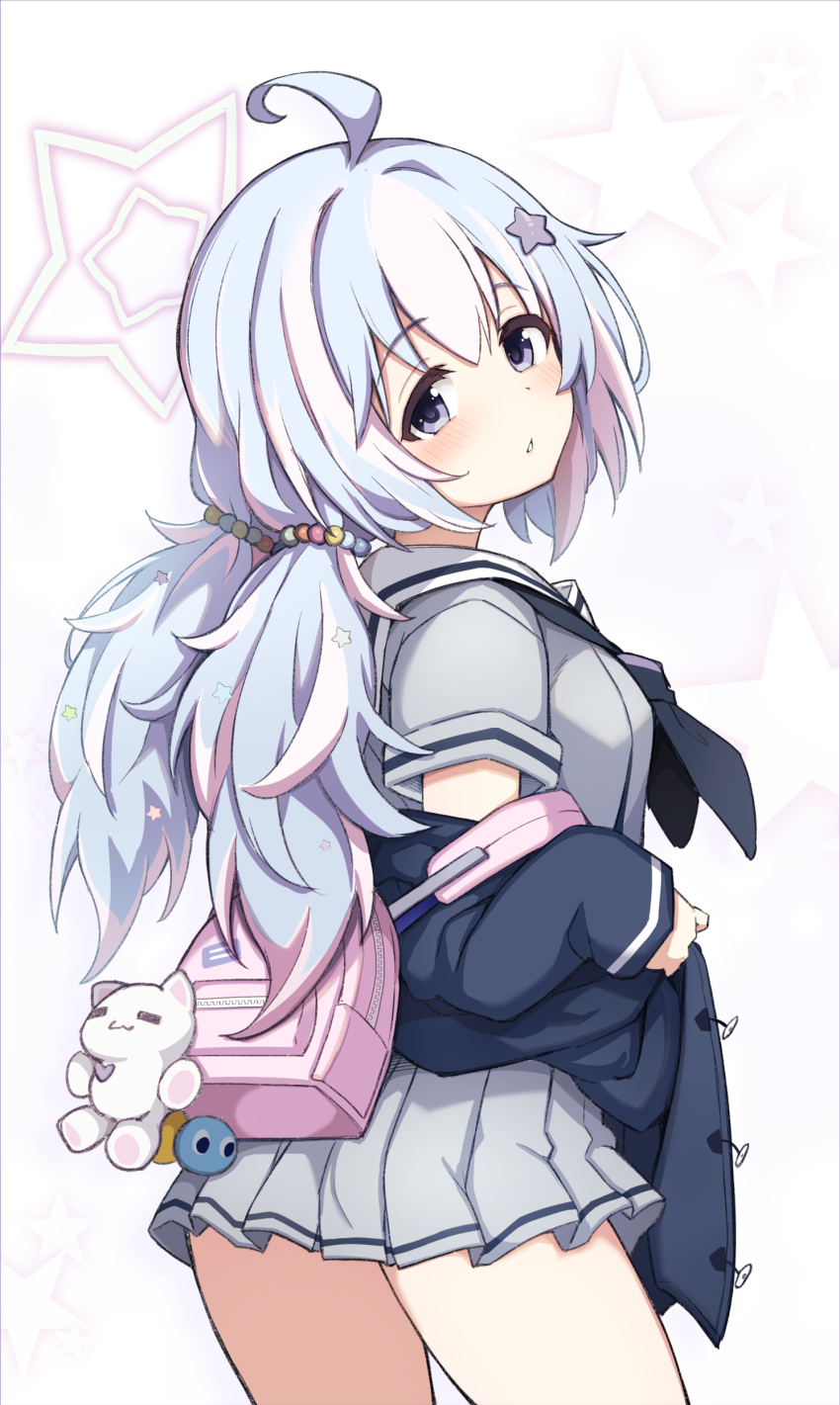 1girl, absurdres, ahoge, backpack, bag, bag_charm, black_neckerchief, blue_archive, blue_hair, blush, breasts, cat_charm, charm_(object), commentary_request, cowboy_shot, dot_nose, from_behind, grey_eyes, grey_jacket, grey_serafuku, grey_shirt, grey_skirt, hair_between_eyes, hair_bobbles, hair_ornament, halo, highres, jacket, loli, long_hair, long_sleeves, looking_at_viewer, looking_back, low_twintails, miniskirt, neckerchief, off_shoulder, official_alternate_costume, open_clothes, open_jacket, parted_lips, pink_bag, pleated_skirt, reisa_(blue_archive), school_uniform, serafuku, shirt, short_hair, simple_background, skirt, sleeves_past_wrists, small_breasts, solo, standing, star_(symbol), star_hair_ornament, star_halo, star_symbol_background, stuffed_toy, tatsuhiko, thighs, turning_head, twintails, white_background