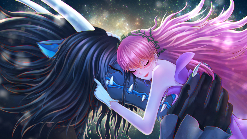 1boy, 1girl, absurdres, bare_shoulders, belle_(ryuu_to_sobakasu_no_hime), black_hair, claws, closed_eyes